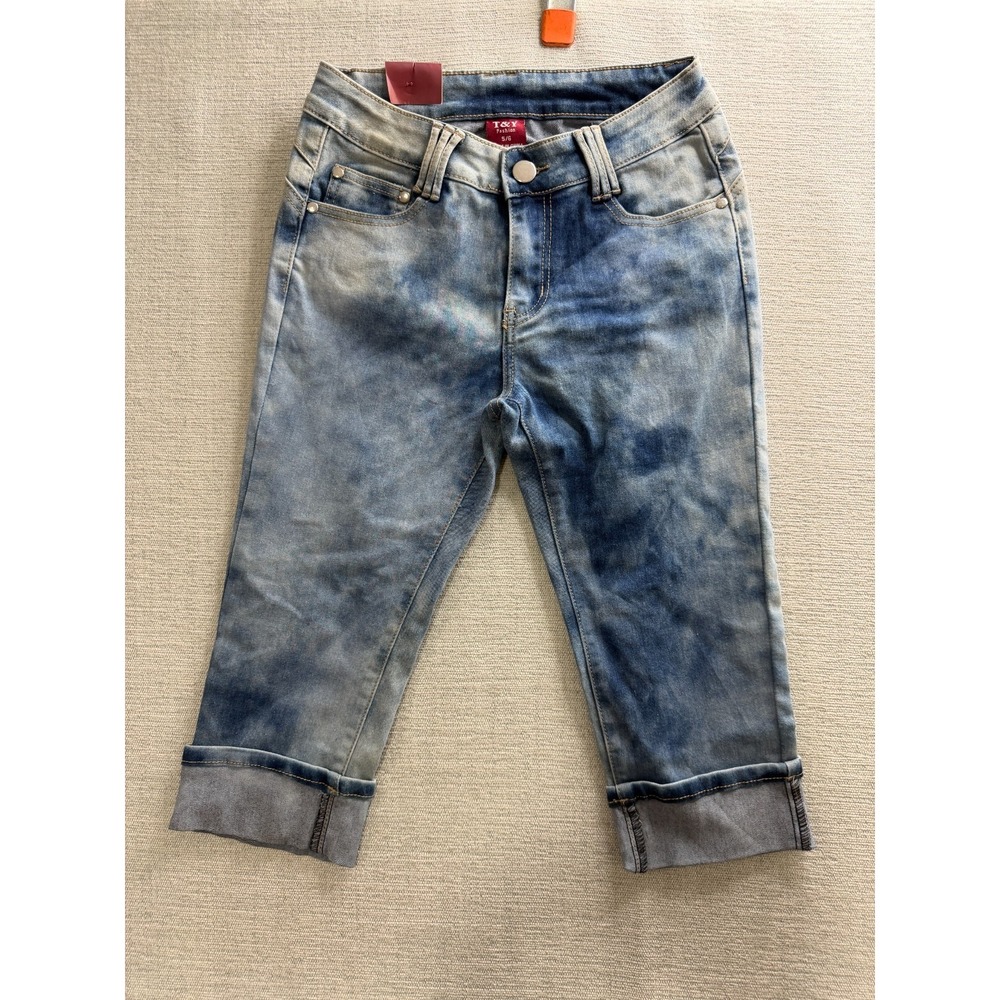 T&Y Fashion Cropped Jeans Womens 5/6 Blue Denim Skinny Leg Acid Wash Cuffed Hem